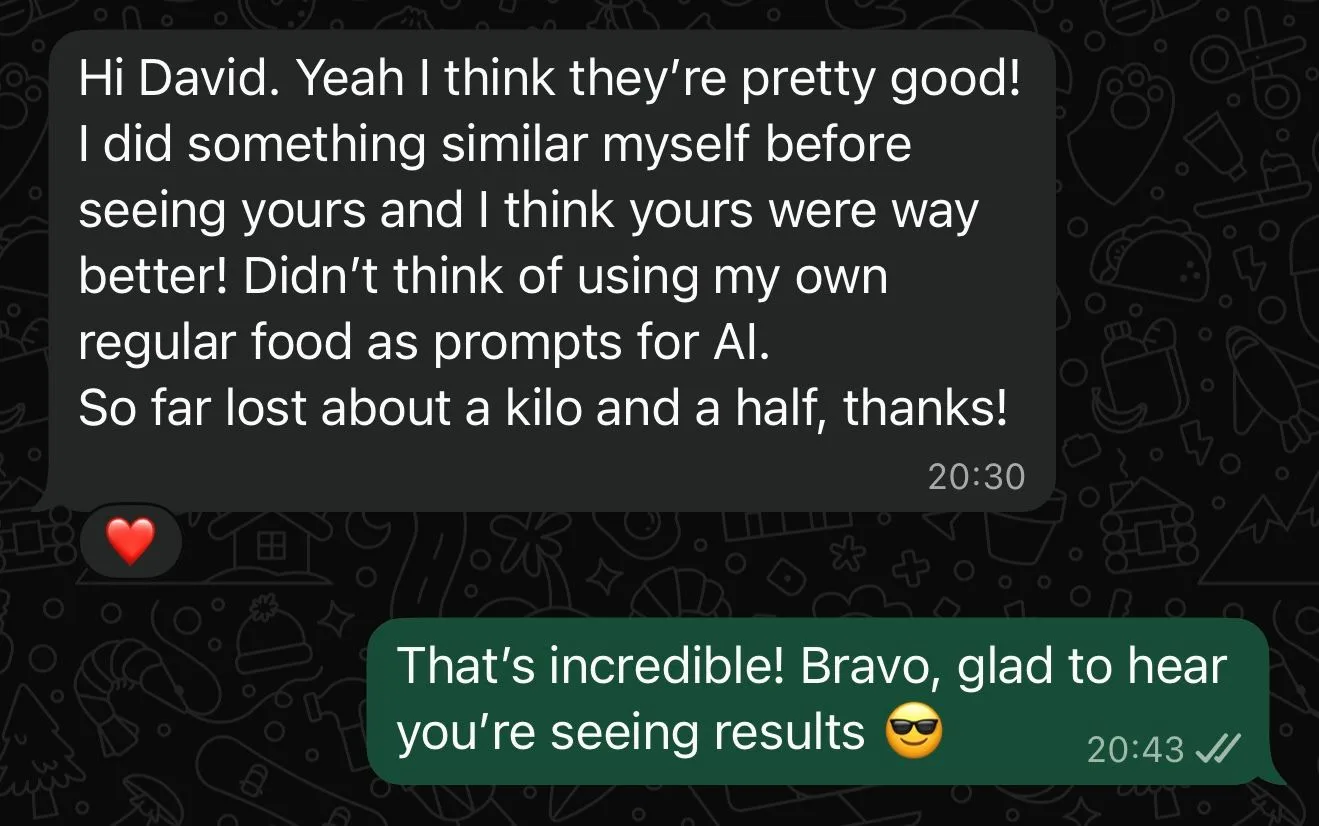 Customer message explaining that she built something similar herself but found the AI Body Coach better