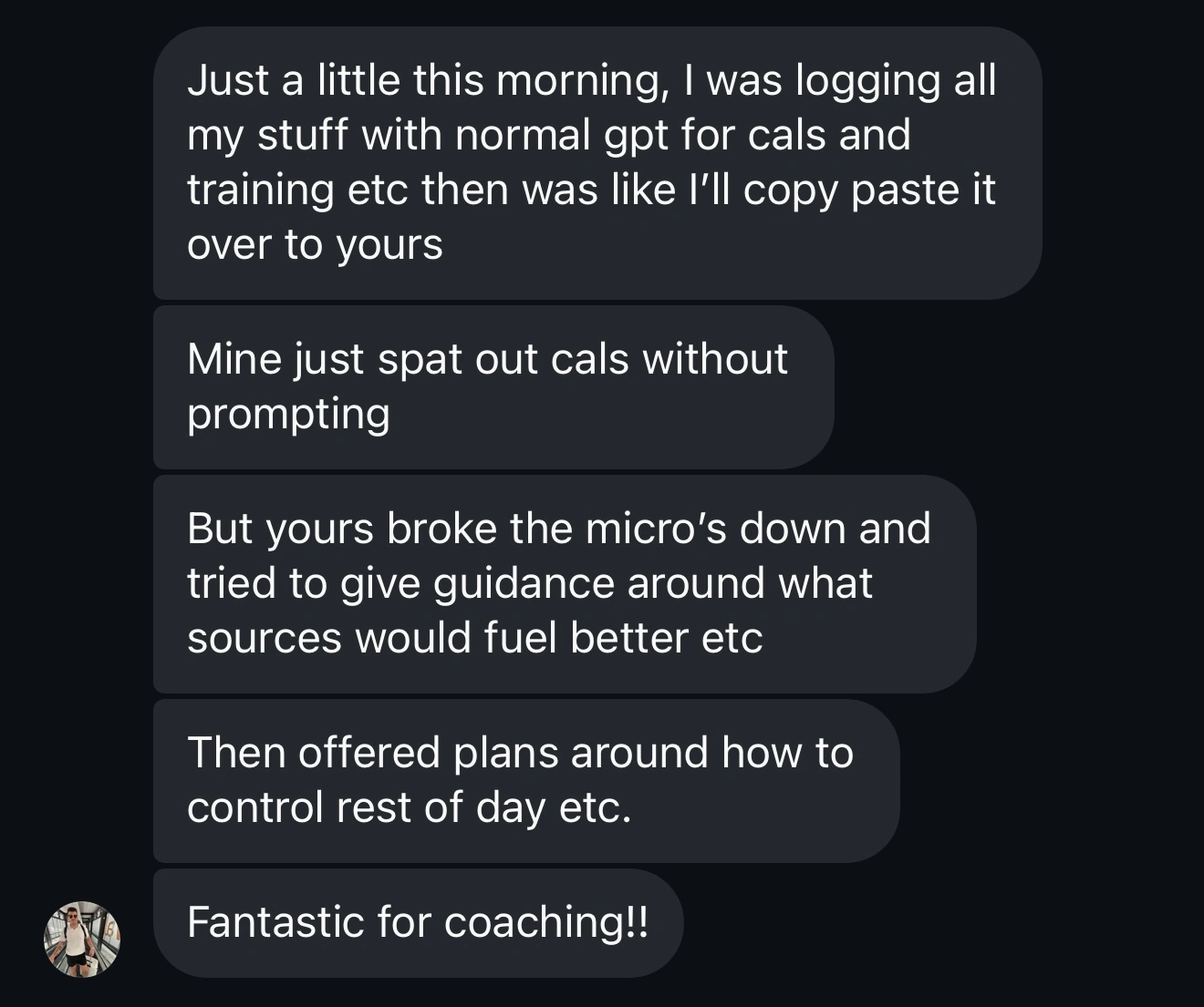 Customer message: broke the micros down and offered plans – fantastic for coaching