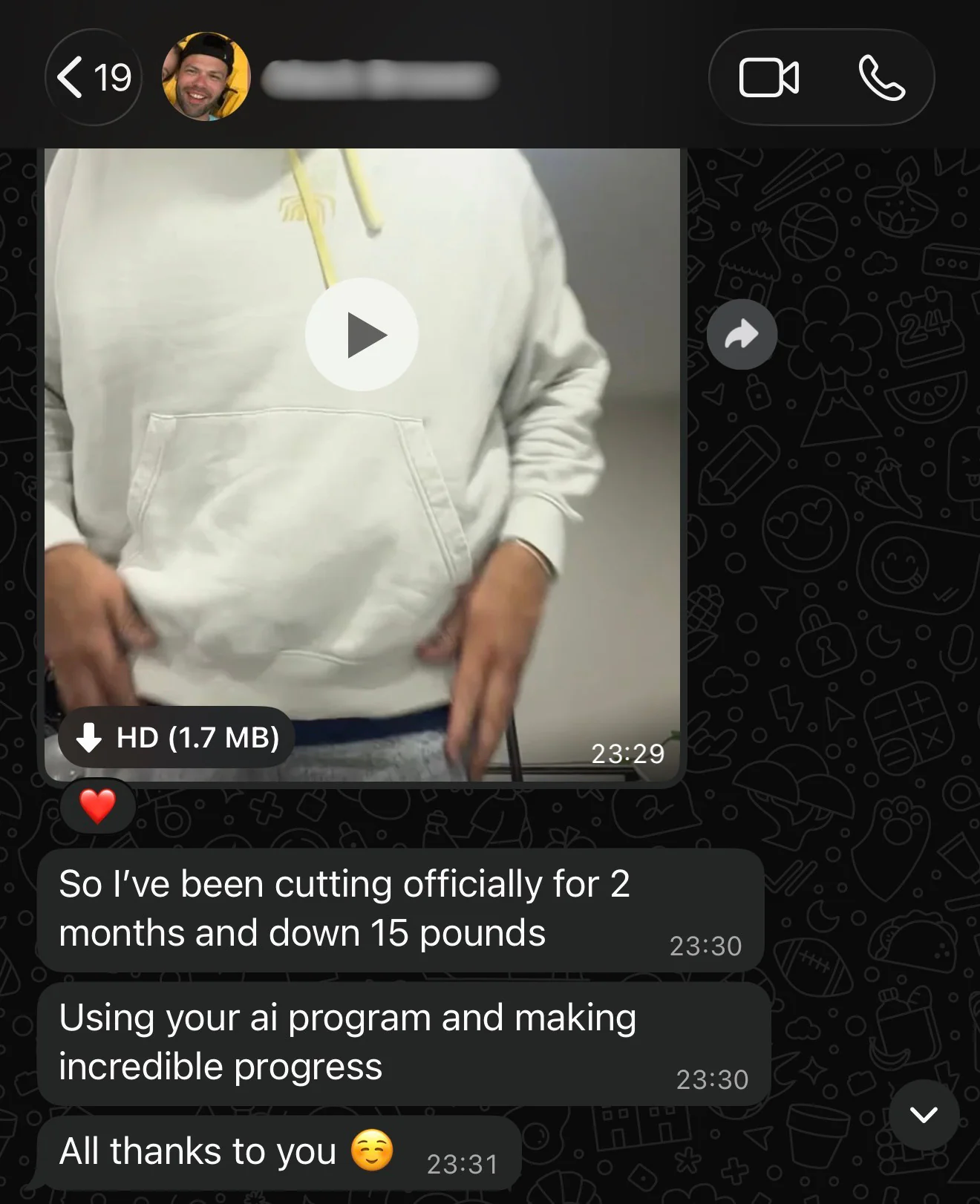 Customer DM from Mack: cutting for 2 months and down 15 pounds using the AI program – all thanks to you